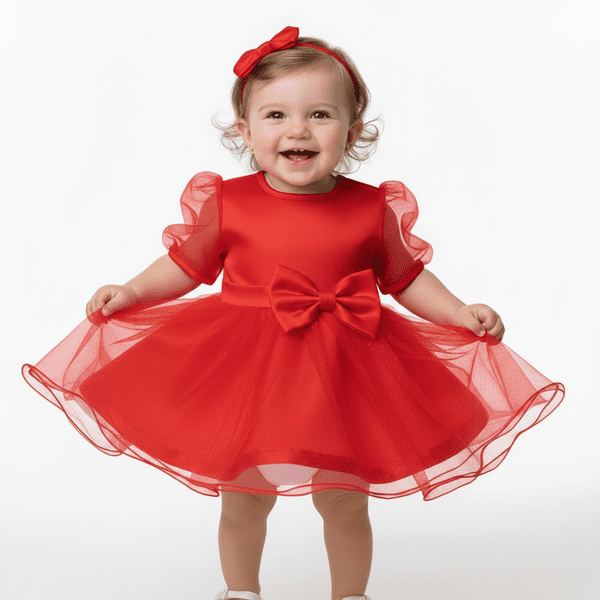 Bebeluș cu rochie roșie elegantă cu organza