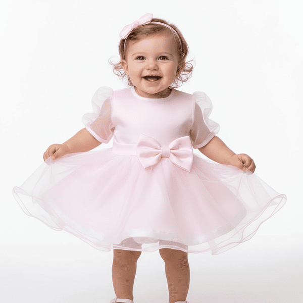 Bebeluș cu rochie roz elegantă cu organza