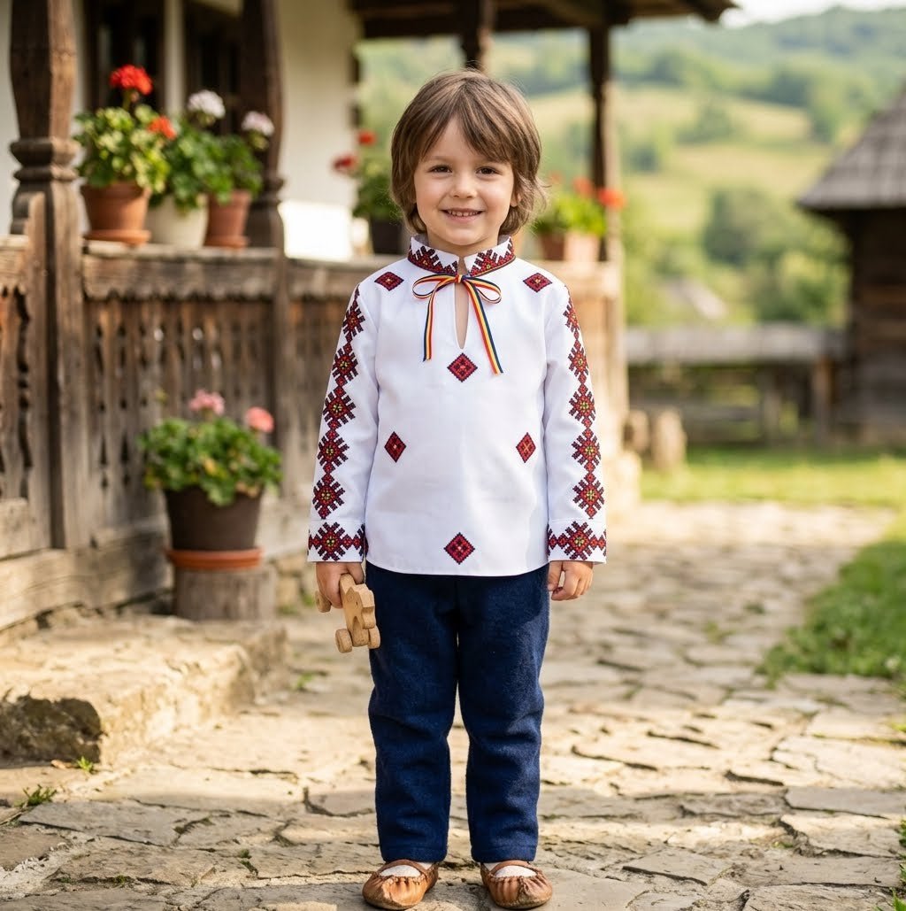 Cămașă tradițională băieți Banat cu imprimeu popular | MCF