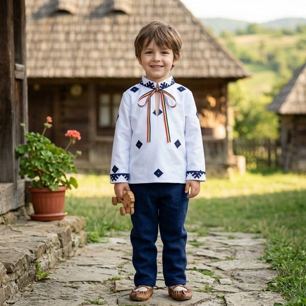 Cămașă tradițională băieți Dobrogea cu imprimeu popular | MCF