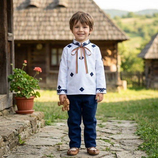 Cămașă tradițională băieți Dobrogea cu imprimeu popular | MCF