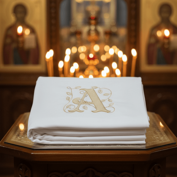 Cearșaf botez monogramă A - context biserică