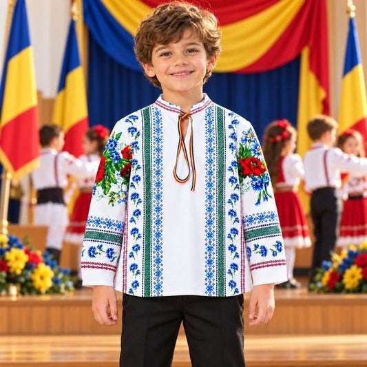 Cămașă tradițională băieți Crișana cu imprimeu popular | MCF