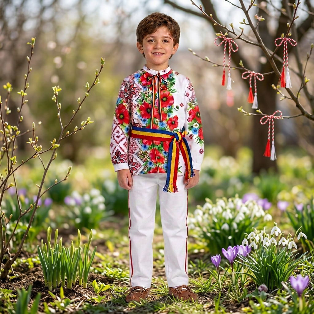 Costum Oaș în decor de primăvară afară, de 1 Martie, format pătrat