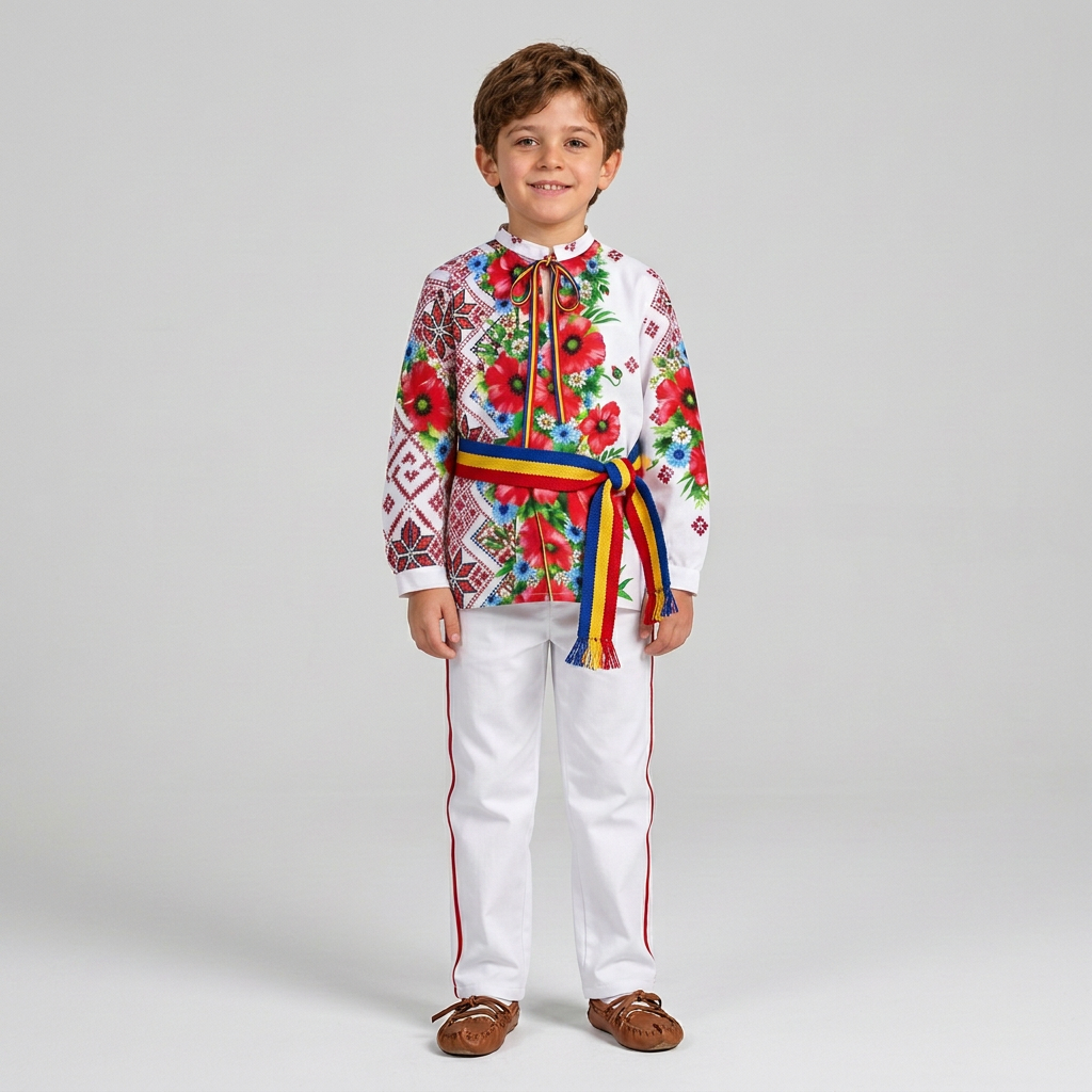 Costum tradițional Oaș cu pantaloni albi, dungă roșie și brâu tricolor, format pătrat