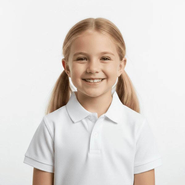 Fetiță blondă cu codițe și tricou polo alb