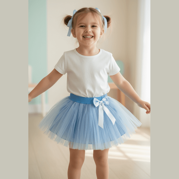 Fetiță cu fustă tutu albastră și tricou alb