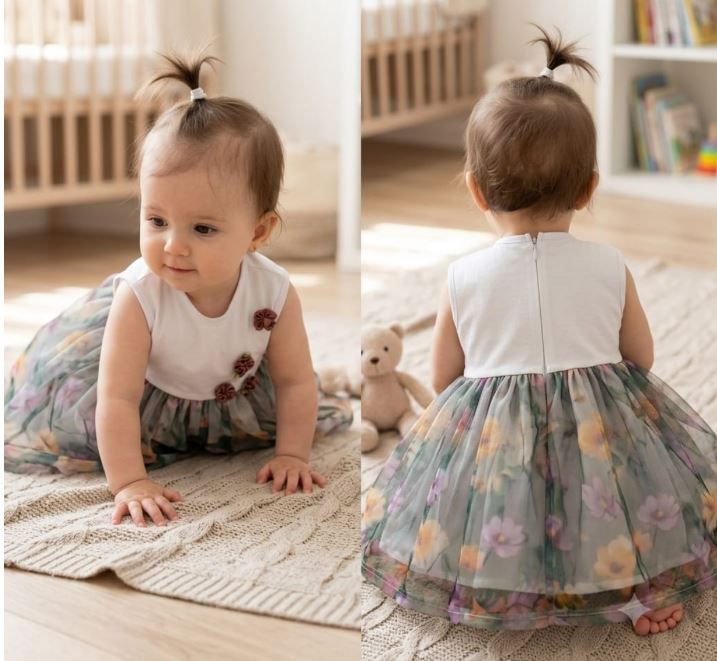 Rochiță de botez pentru bebeluși cu fustă din organza cu flori de câmp