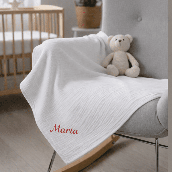 Păturică din muselină pentru bebeluși 80×80 cm, personalizabilă cu nume