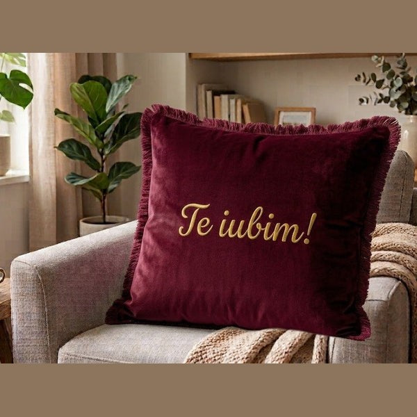 2 Perne decorative din catifea raiată și netedă, brodate 40x40cm