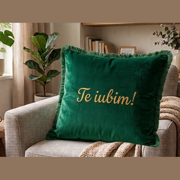 2 Perne decorative din catifea raiată și netedă, brodate 40x40cm