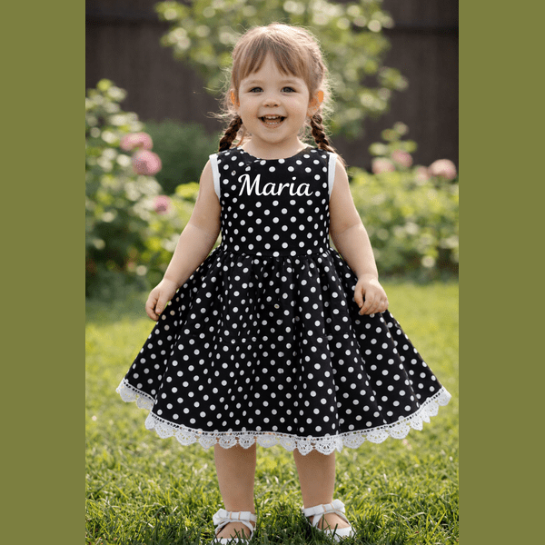 Rochie fete MCF Buburuză bumbac negru cu buline – personalizată cu nume