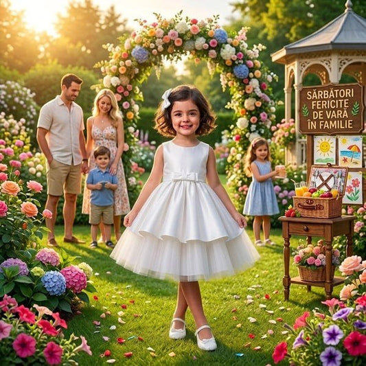 Rochie elegantă fete din tafta și tull – Albă Crăciun 2026