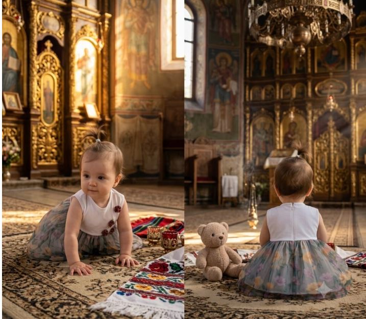 Rochiță de botez pentru bebeluși cu fustă din organza cu flori de câmp