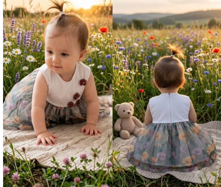 Rochiță de botez pentru bebeluși cu fustă din organza cu flori de câmp