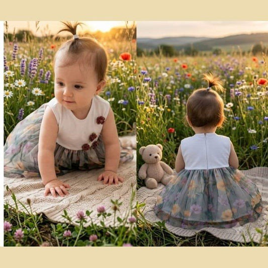 Rochiță de botez pentru bebeluși cu fustă din organza cu flori de câmp