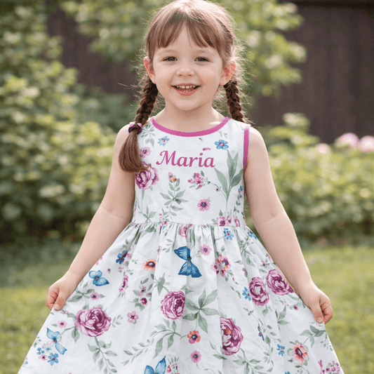 Rochie fete MCF fluturi si flori bumbac, personalizată cu nume
