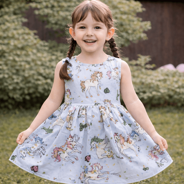 Rochie fete MCF de vară bumbac  cu inorog - personalizată cu nume
