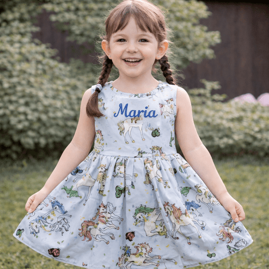 Rochie fete MCF de vară bumbac  cu inorog - personalizată cu nume