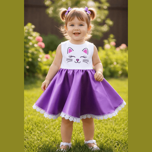Rochie fete MCF din bumbac alb  si tafta mov cu alb – personalizată cu nume