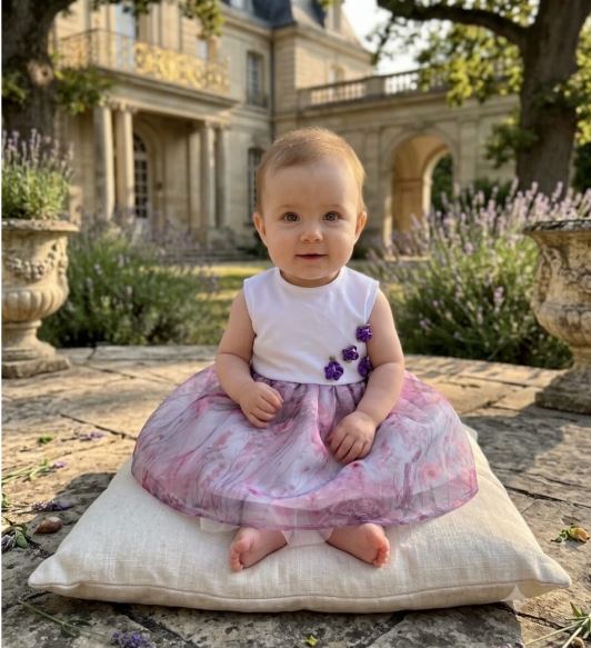 Rochiță elegantă pentru bebeluși cu fustă din organza floral și flori aplicate