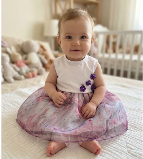 Rochiță elegantă pentru bebeluși cu fustă din organza floral și flori aplicate