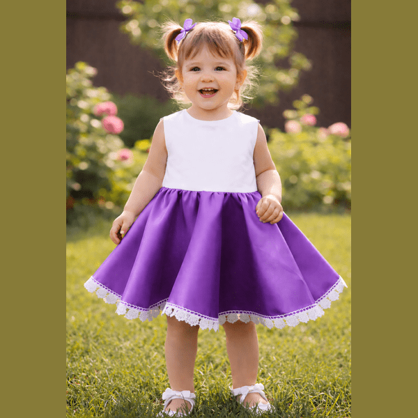 Rochie fete MCF din bumbac alb  si tafta mov cu alb – personalizată cu nume