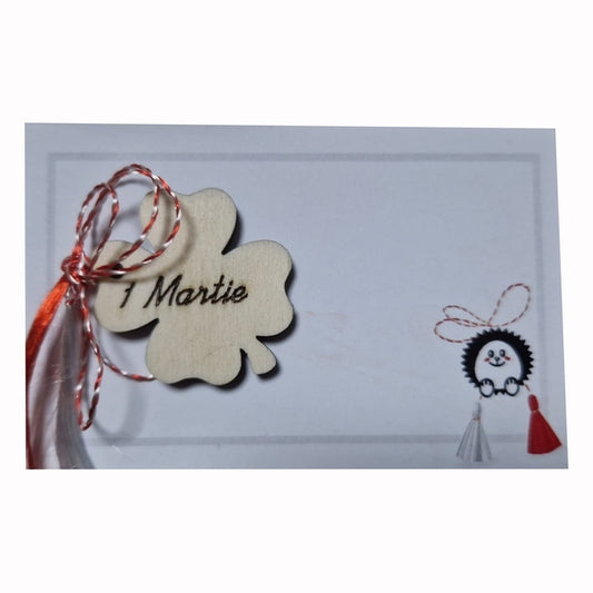 Mărțișor Trifoi Norocos din Lemn Gravat Handmade, Model Simbol Primăvară cu Șnur Alb-Roșu